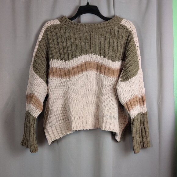 POL V-Neck Sweater - Olive, Cream, and Tan Stripes - Picture 2 of 4